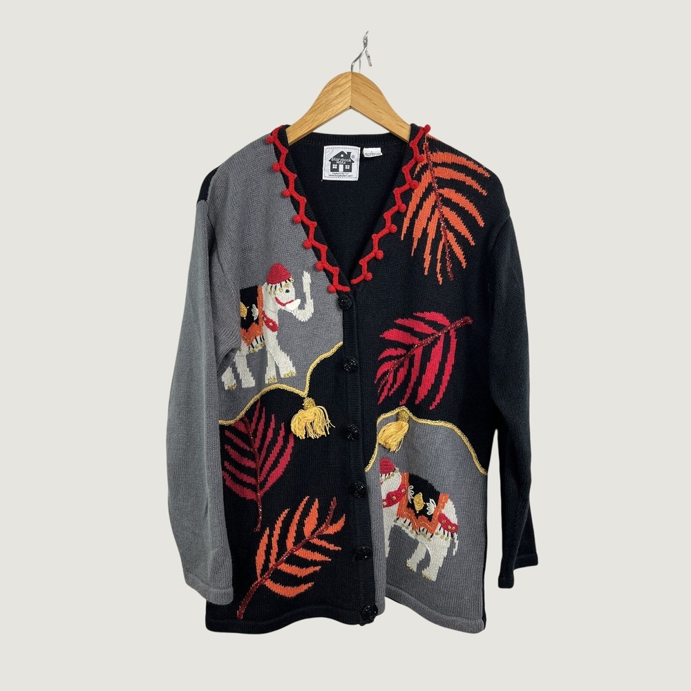 Storybook Knits Cardigan L Black Elephant Tropical Safari Embellished Tassel